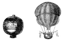First Balloon Or Hot Air Balloon, Vintage Engraving
