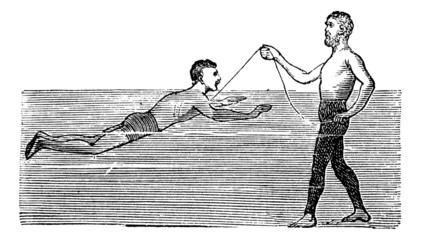 Learning to Swim with the Aid of a Rope, vintage engraved illust