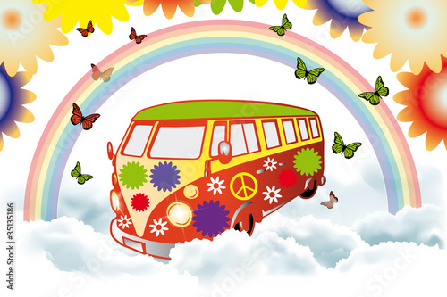 Obraz w ramie Flower power - retro van vector illustration