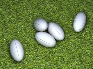 Wall Mural - Five white rugby balls without any brand on grass