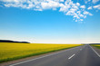 Never ending highway through green fields and blue cloudy sky