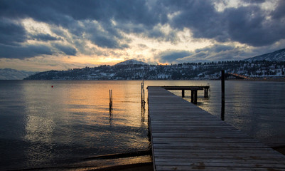  scenic dock on mountain lake at sunset