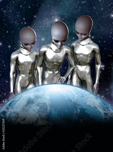 Fototapeta na wymiar grey aliens and earth