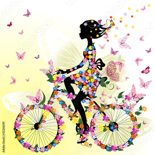 wektorowa-dziewczynka-na-rowerze-otoczona-kolorowymi-kwiatami-i-motylami