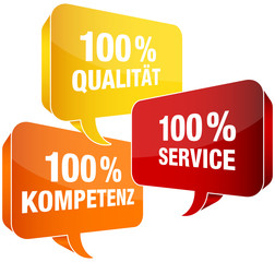 Poster - 100% Qualität/Service/Kompetenz Sprechblasen gelb/rot/orange