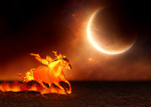 Horse On Fire Running On Cracked Land With Universe Background