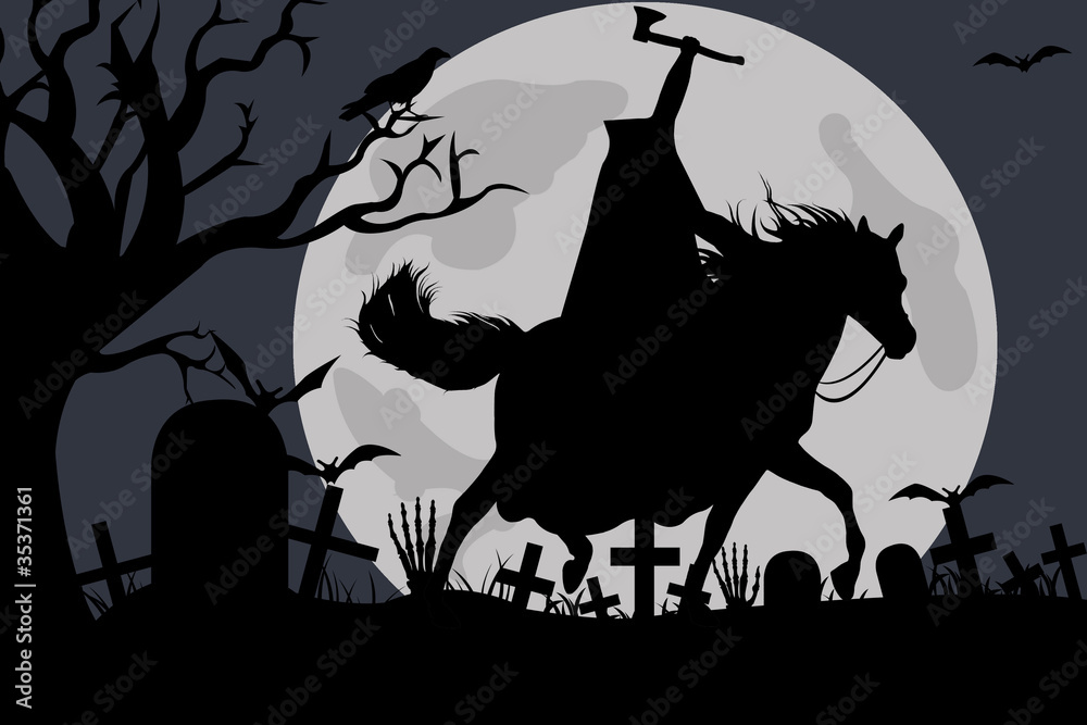 Illustration of a headless horseman with moon in background - obrazy, fototapety, plakaty 