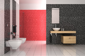 Wall Mural - modern bathroom with black, red and white tiles