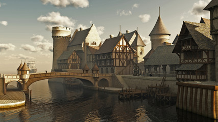 Fototapete - Medieval or Fantasy Docks