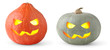 Isolated pumpkins. Two halloween pumpkin heads of different color with glowing eyes isolated on white background