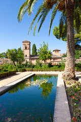 Fototapete - Alhambra de Granada. Convento de S. Francisco behind a pond