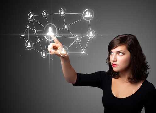 Businesswoman pressing modern social type of icons