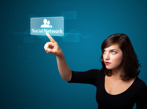 Businesswoman pressing modern social type of icons