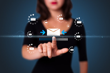 Poster - Businesswoman pressing virtual messaging type of icons