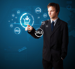 Businessman pressing virtual promotion and shipping type of icon