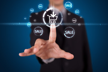 Poster - Businessman pressing virtual promotion and shipping type of icon