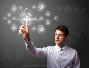 Poster - Businessman pressing simple type of start buttons