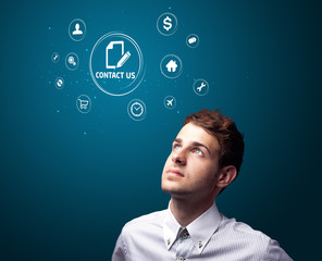 Poster - Businessman pressing virtual messaging type of icons