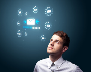 Poster - Businessman pressing virtual messaging type of icons