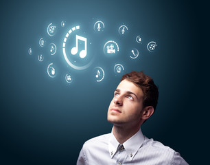 Poster - Businessman pressing virtual media type of buttons