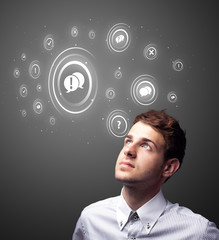 Poster - Businessman pressing modern social type of icons
