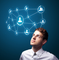 Poster - Businessman pressing modern social type of icons