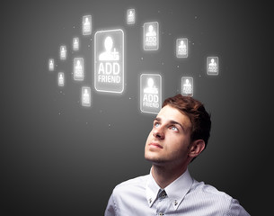 Poster - Businessman pressing modern social type of icons