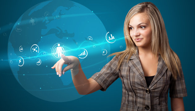 Businesswoman pressing modern social type of icons