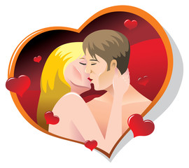 Two lovers kissing, around are flying hearts, vector