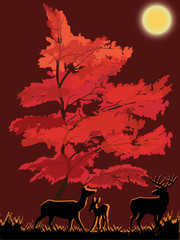 Poster - deers near red tree illustration