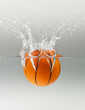 Falling basketball into water isolated on grey background