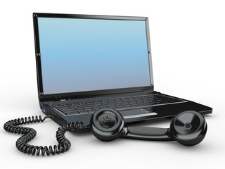 Poster - Laptop with old-fashioned phone reciever. 3d