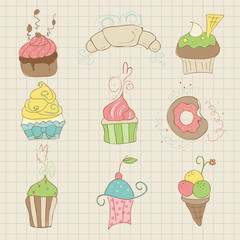 Set of Cute Cupcakes and Desserts -  for design, scrapbook, invi