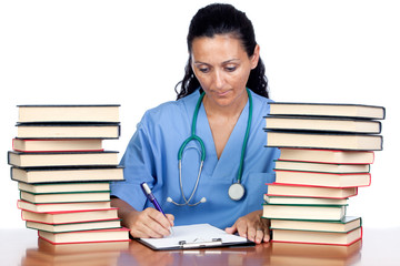 Wall Mural - Attractive doctor woman with many books writing