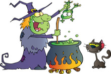 Crazy Witch With Black Cat Holding A Frog And Preparing A Potion