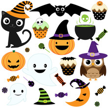 Set Of Cute Vector Halloween Elements, Objects And Icons