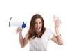 crying woman with a megaphone and money (white background)