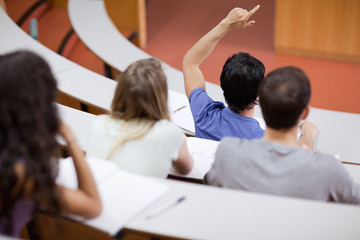 Poster - Young student raising his hand while his classmates are taking n