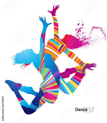 Fototapeta dla dzieci Two dancing girls with colorful spots and splashes on white