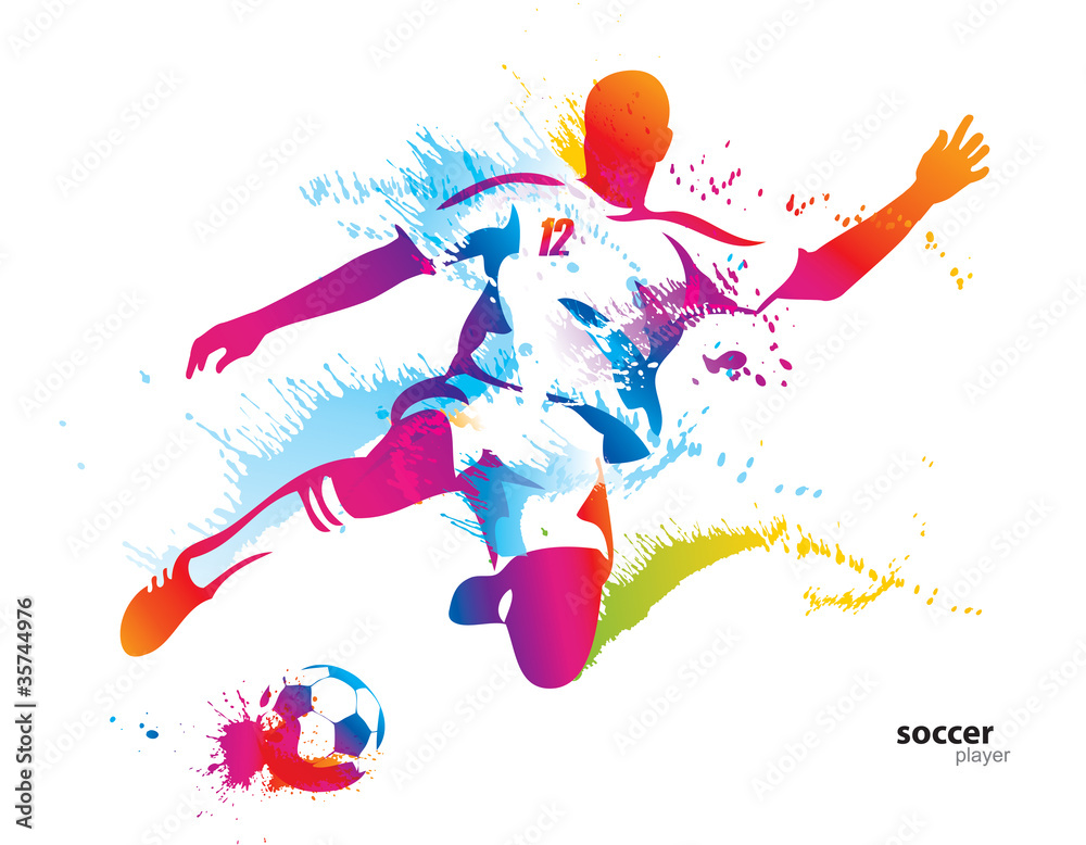 Soccer player kicks the ball. The colorful vector illustration - obrazy, fototapety, plakaty 