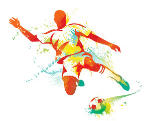 Soccer player kicks the ball. Vector illustration.