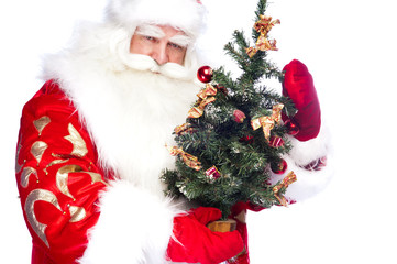 Christmas theme: Santa Claus holding christmas tree and his bag