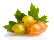 Fresh Gooseberries And Leaves Isolated On White