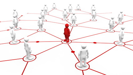 Poster - Red 3d-man connecting to white 3d-men after appearing