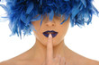 woman with blue feathers lips and closed eyes