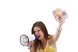young woman with a megaphone and money (white background)