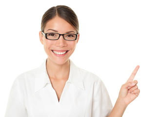 Wall Mural - Optician woman pointing and showing