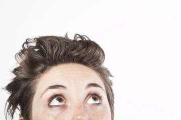 close up portrait of a woman looking up