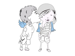 Sticker - Sketch of cartoon kids kissing