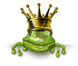 Frog prince with gold crown holding a blank sign